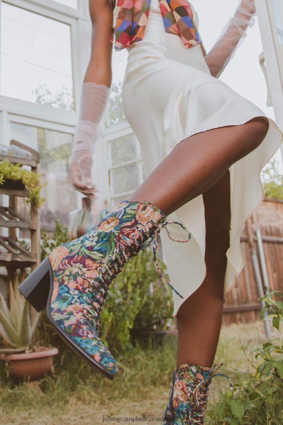 ARCHILLE Women Teal Floral Tapestry PLRNJH431 Jeffrey Campbell Ankle Boots