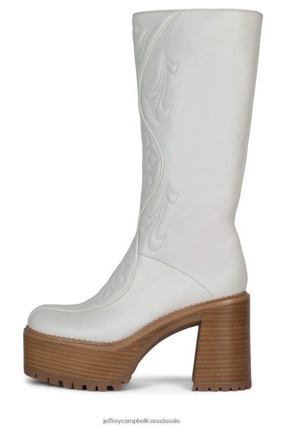 DEADWRNG-H Women White Natural Polish Stack PLRNJH858 Jeffrey Campbell Knee to Thigh Boots