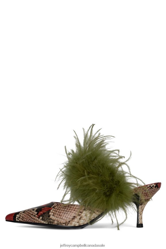 FEATHERING Women Orange Tan Snake Olive PLRNJH1697 Jeffrey Campbell Heeled Mule